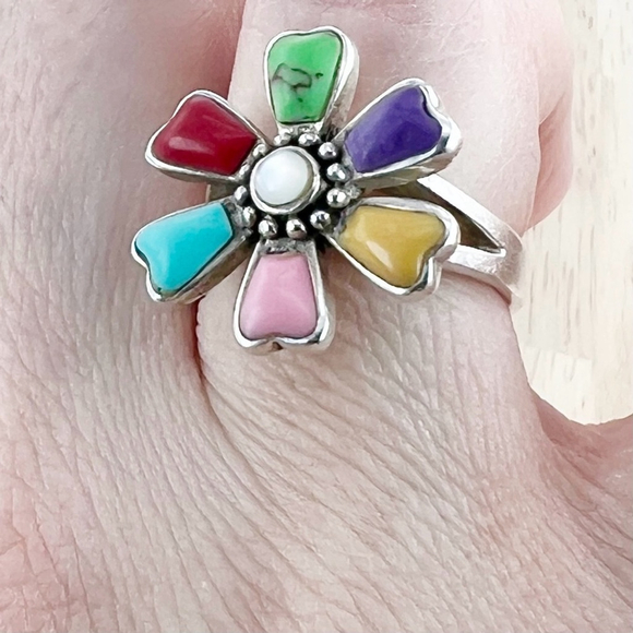 Vintage Sterling Silver 925 Size 6 Turquoise Pink Conch Multi Inlay Flower Ring - Picture 2 of 10